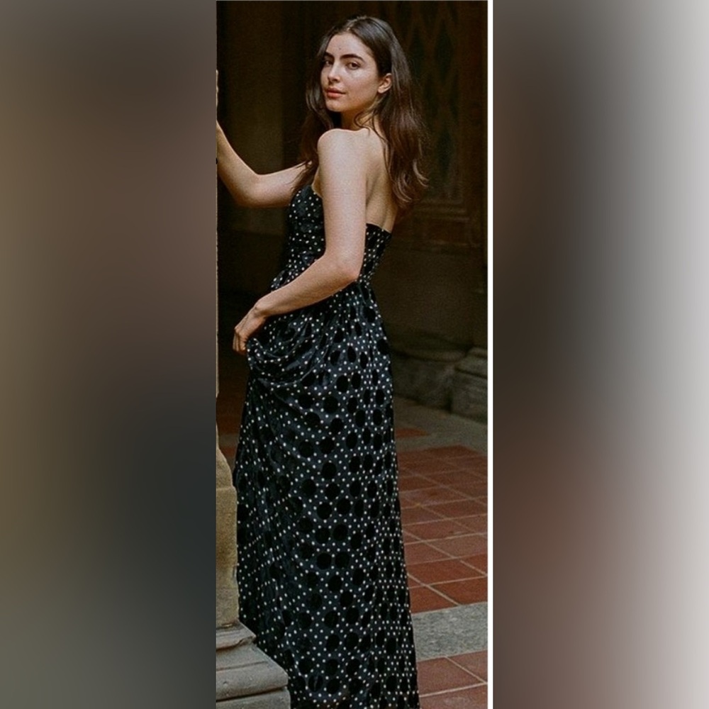 Anthropologie Hutch NWT Velvet Maxi Dress Size 4 Black White Polka Dot Strapless - Picture 2 of 16